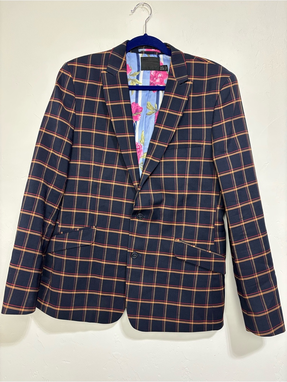 ASOS 42 REG Men's Blazer Sport Coat Plaid Windowpane Navy Blue Office Career